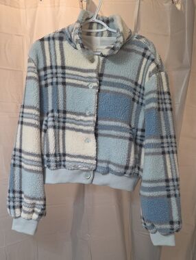 Reflex Blue and Cream Plaid Sherpa Coat